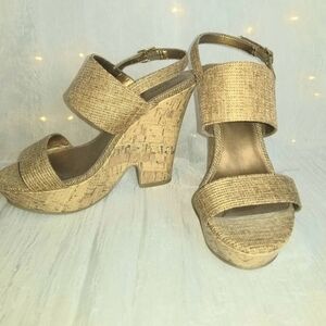 Fioni shimmery cork wedge sandals.